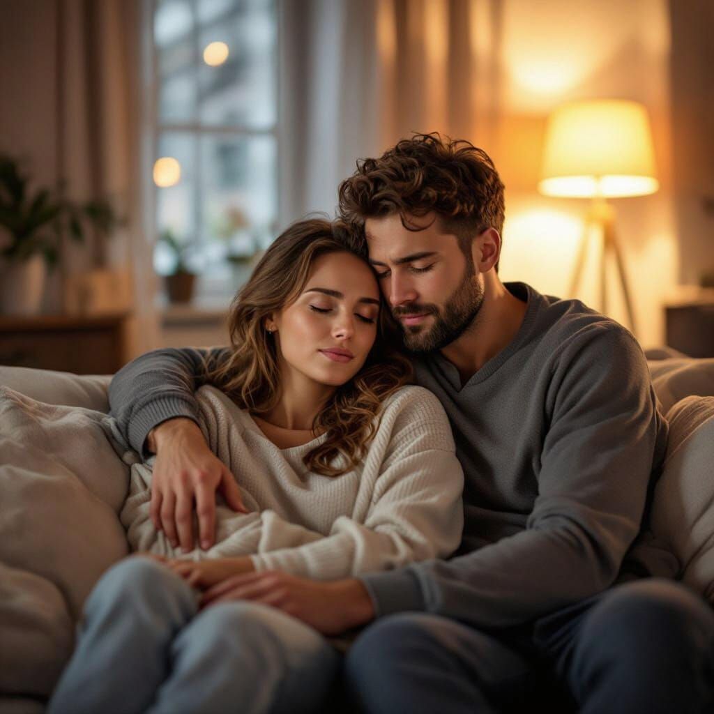 Exhausted Couple Resting on Couch in Cozy Living Room