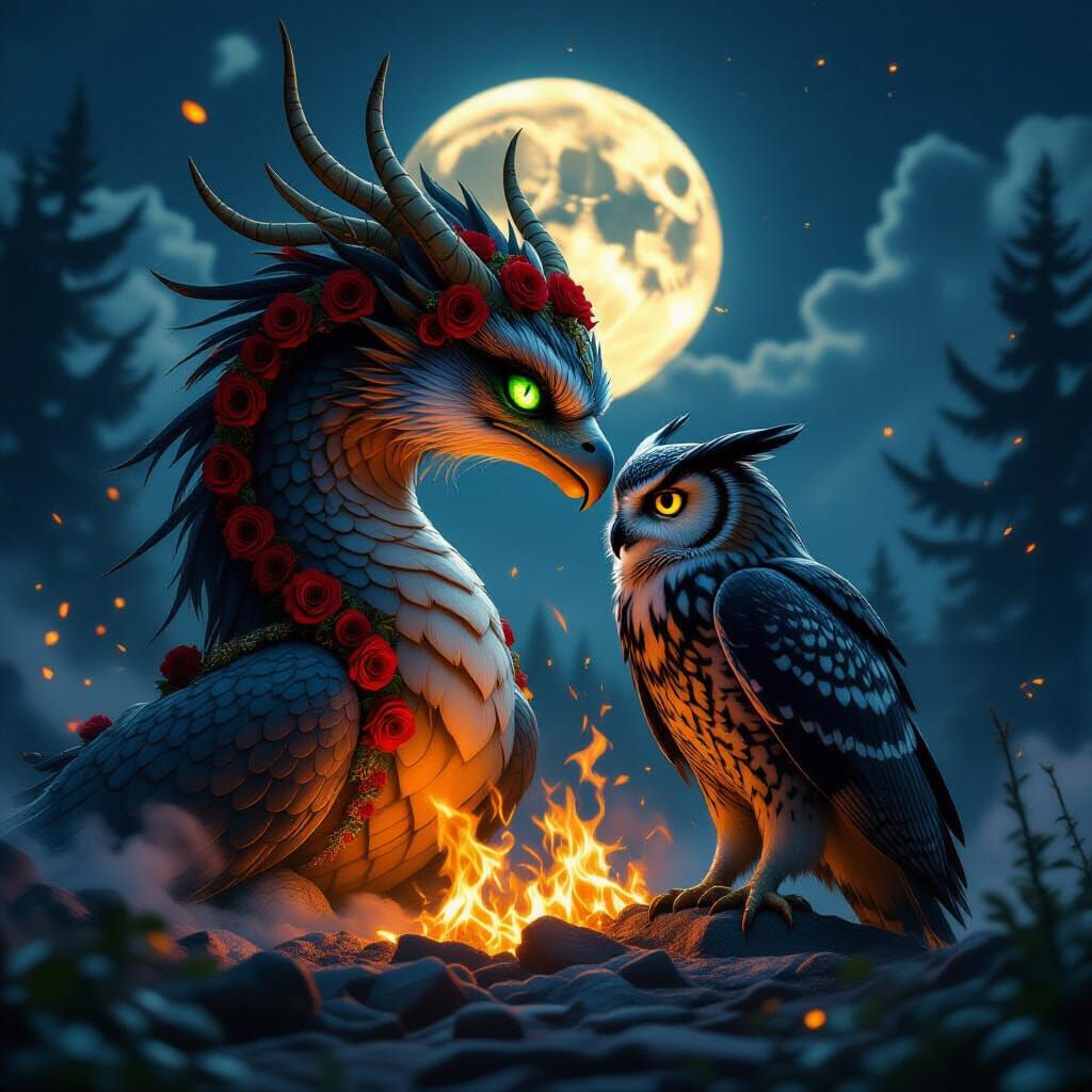 Dragon Phoenix Rebirth Kiss in Epic Night Scene