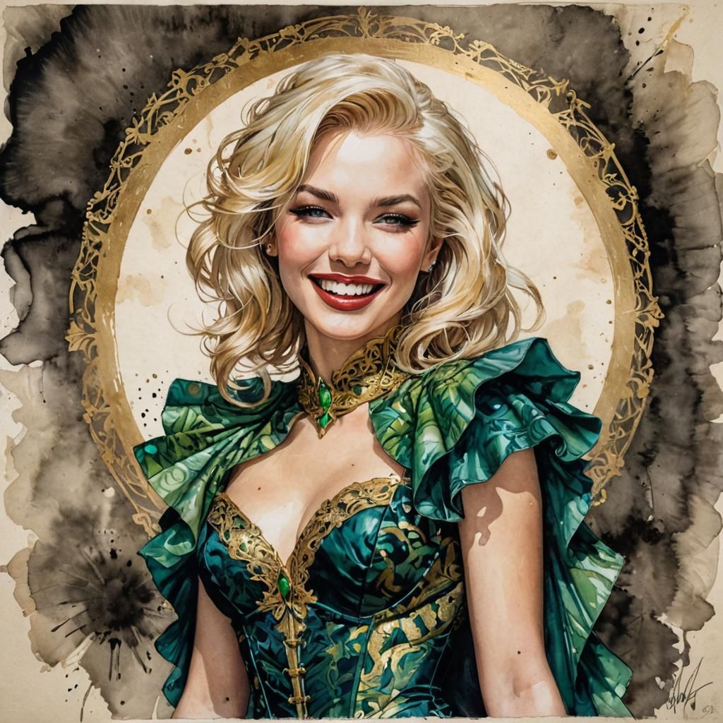Laughing Femme Fatale Portrait in Watercolor Style