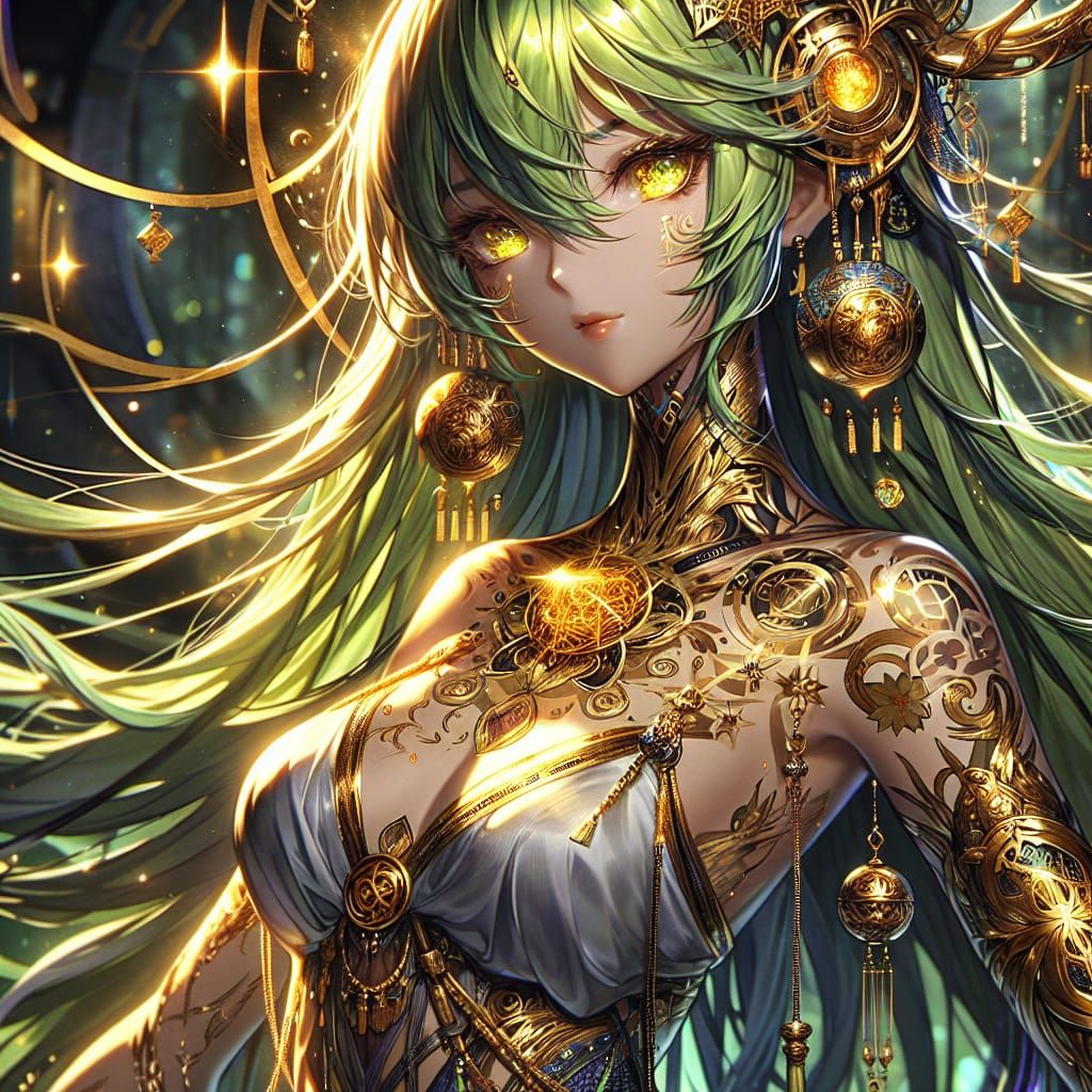 Anime Elementalist with Golden Tattoos and Adornments
