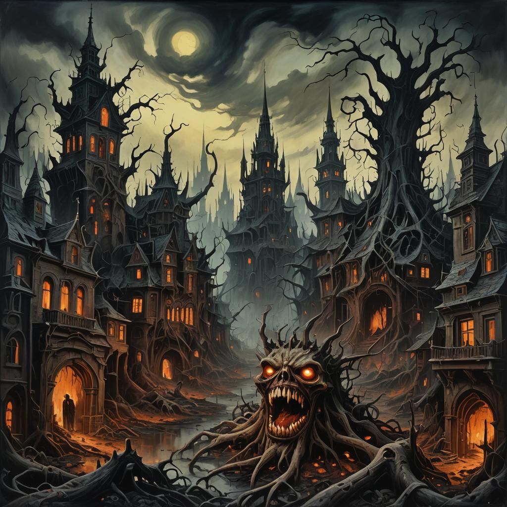 Surreal Horror Metropolis of Teeth in Chiaroscuro