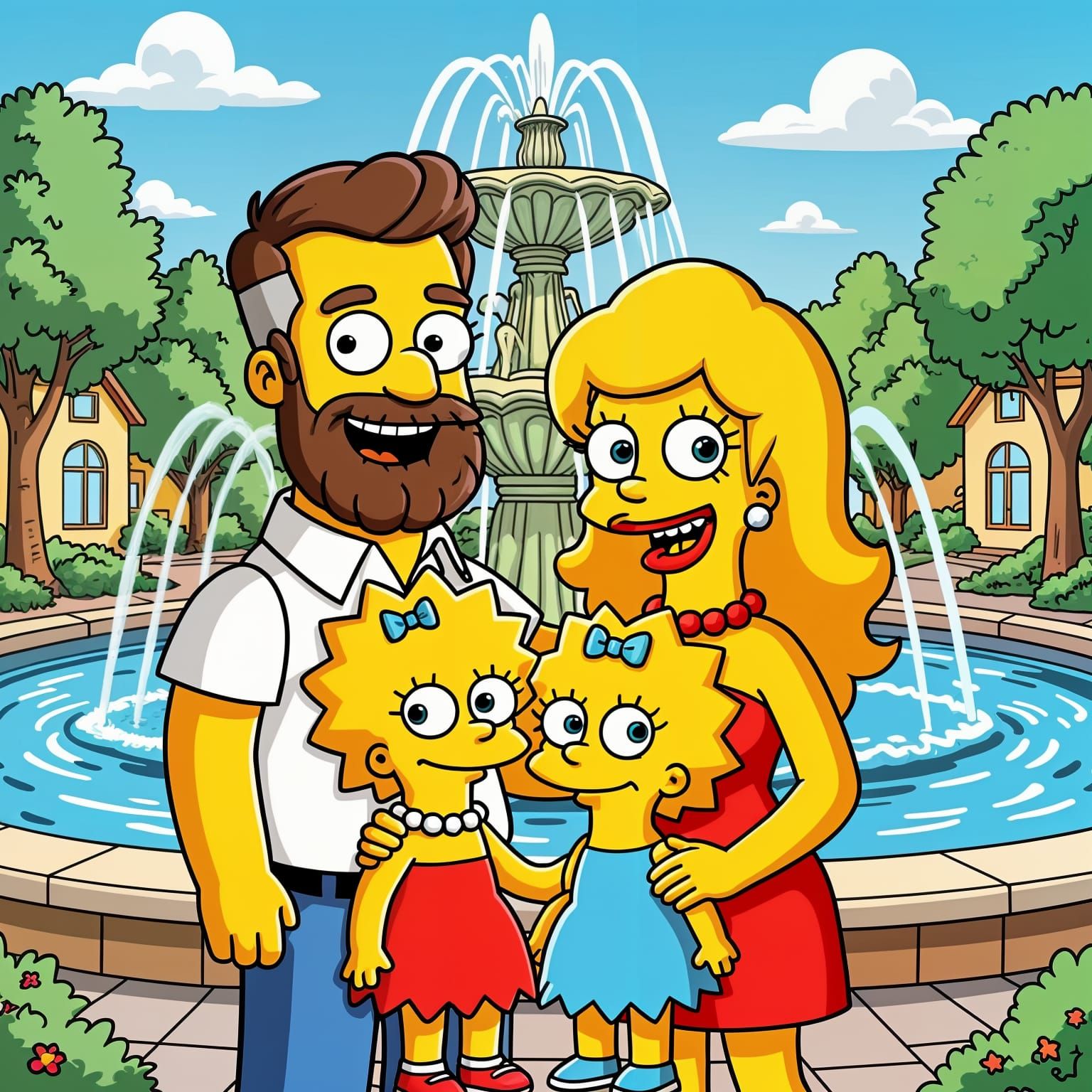 Simpsons-Style Family Portrait Near a Fountain