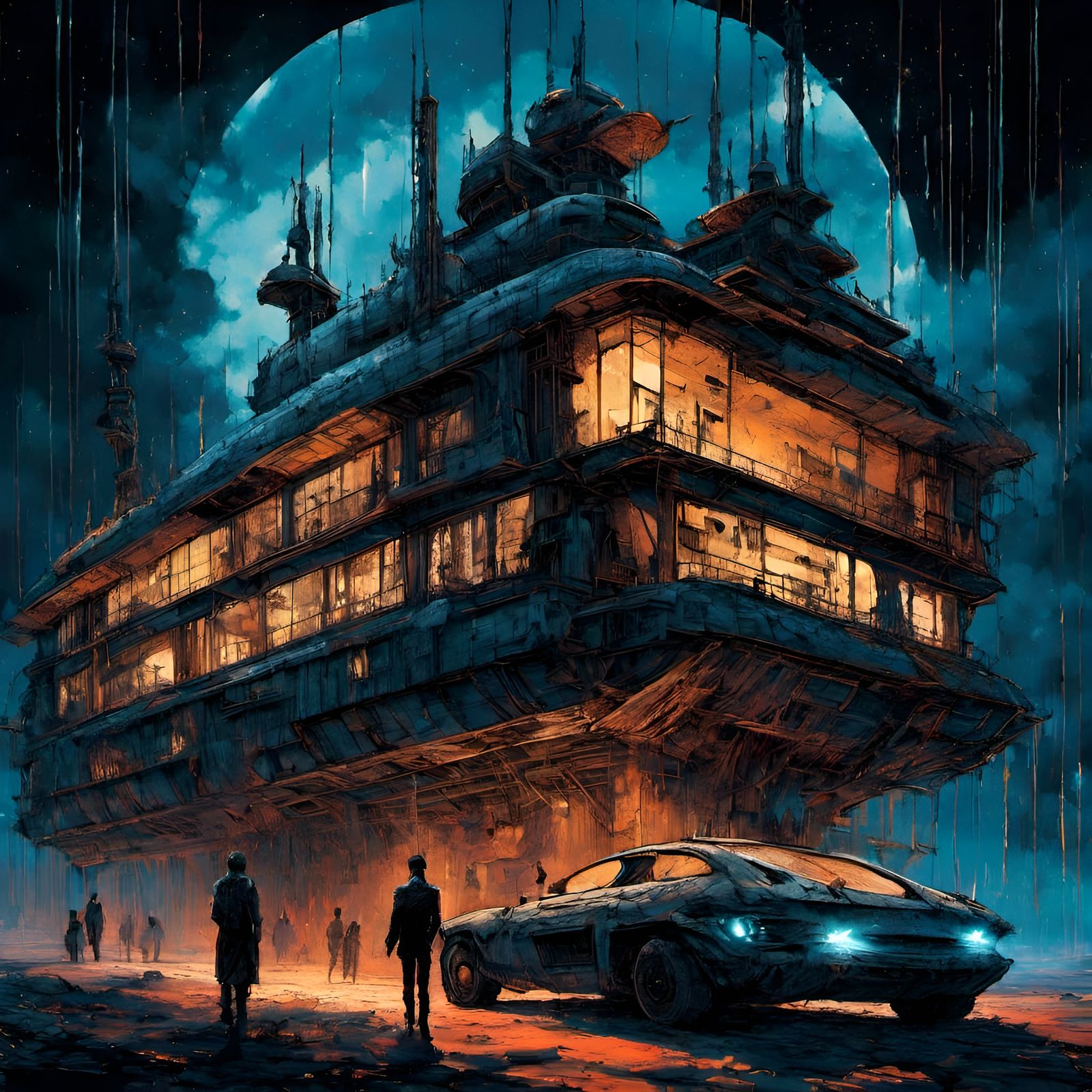 Steampunk Spaceship in Ukiyo-e Cyberpunk Style