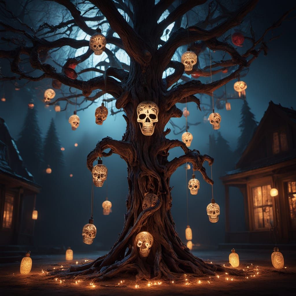 Skeleton Decorates Sugar Skull Christmas Tree