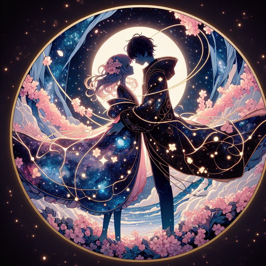 Anime Couple Embrace with Galaxy Silhouettes