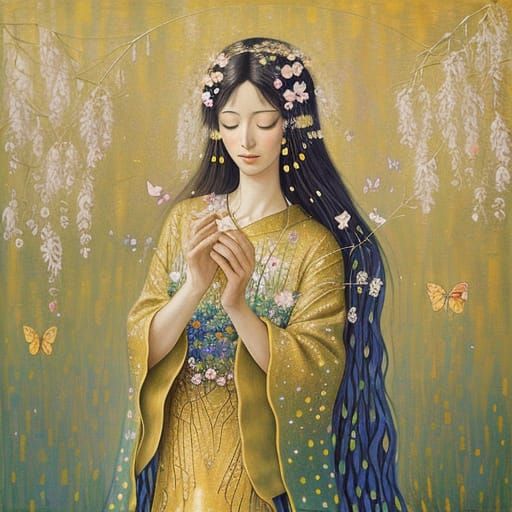 Whimsical Weeping Willow with Butterflies, Klimt-Inspired