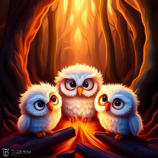 Knitted Rainbow-Eyed Owls Around Campfire, Digital Portrait