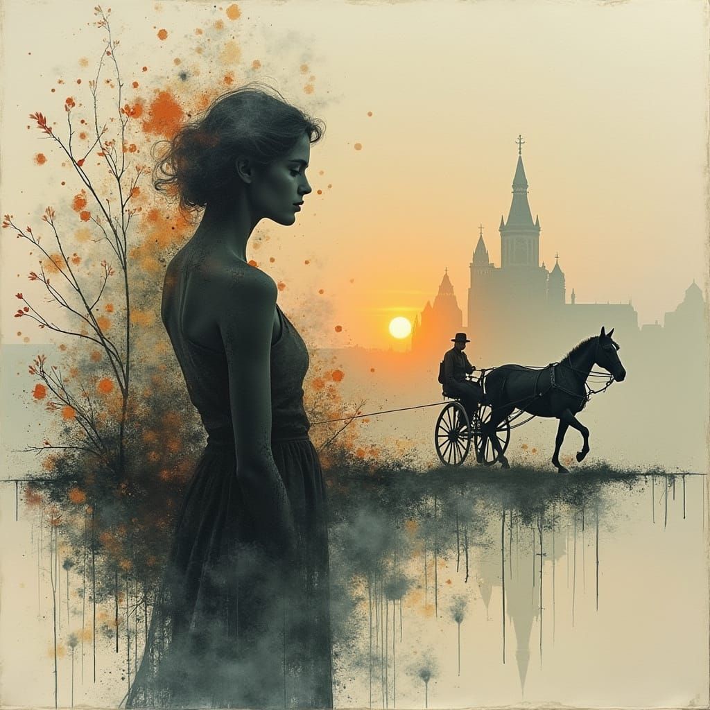 Sketch of a woman's portrait in a misty ancient city