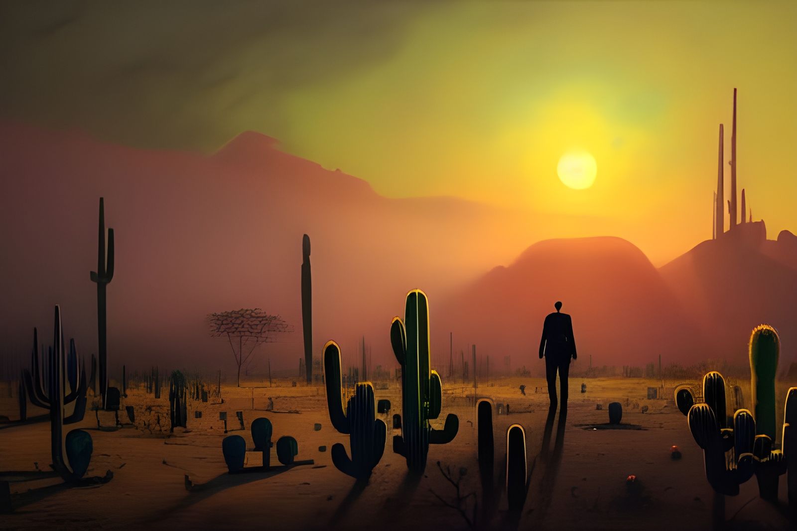 Desert Wanderer: Matte Painting of Cactus Landscape