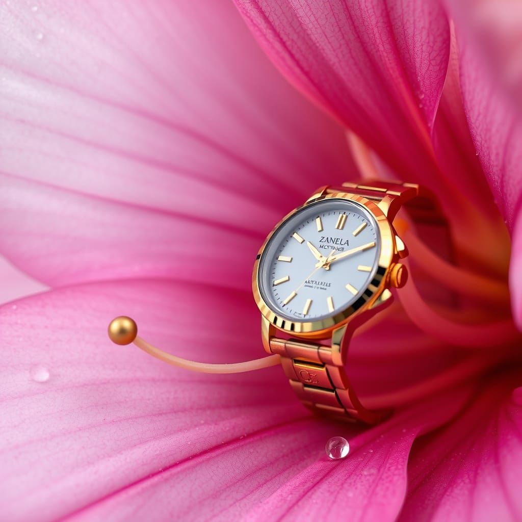 Macro photography, large flower azalea petal with a gold watch resting on the flower, Zentangle, morning dew, spotlight.