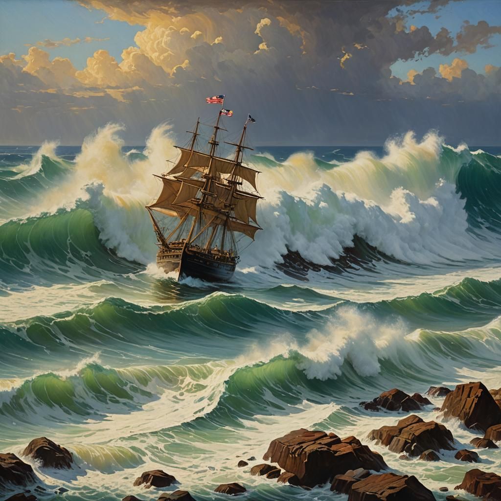 Ship on Stormy Seas: Oil Painting