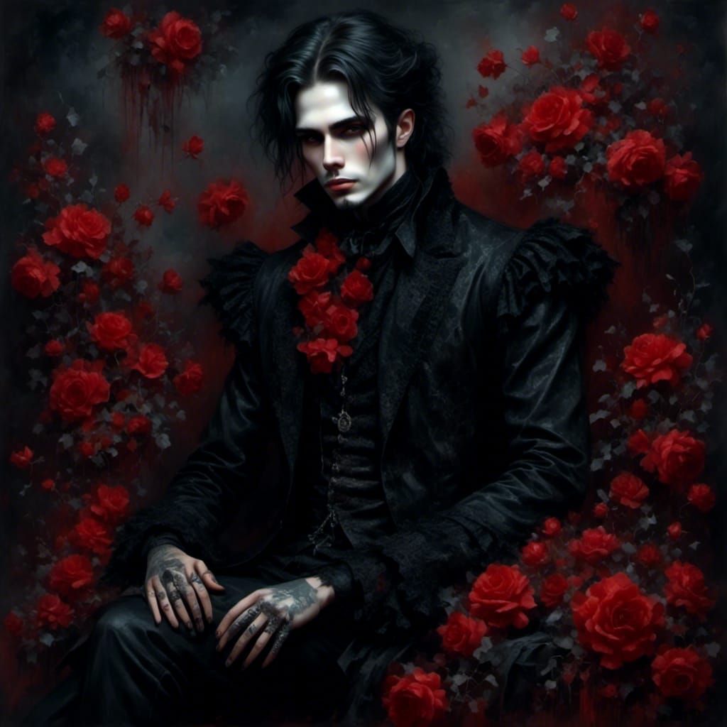 Dreamy Gothic Man with Red Flowers in Hazy Portrait