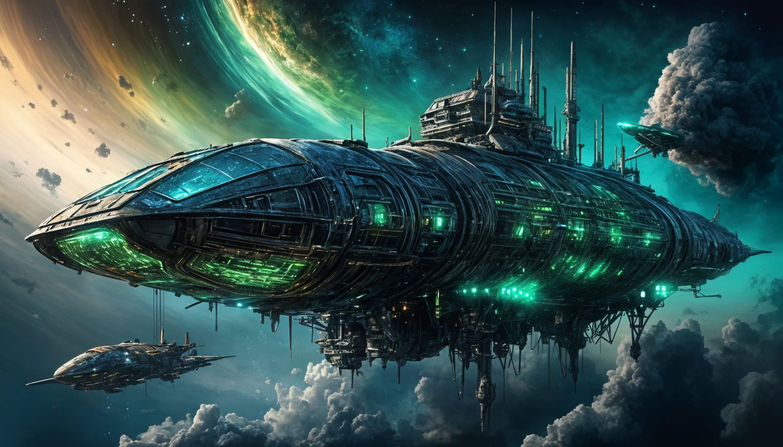 Futuristic Starship Emitting Toxic Gas in Space