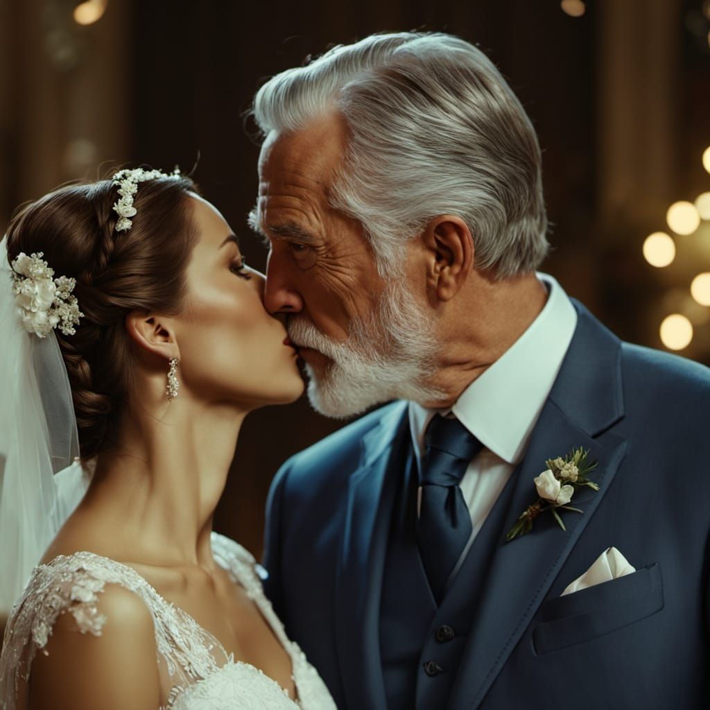 Elegant Elderly Groom Kisses Bride at Altar in Cinematic Fil...