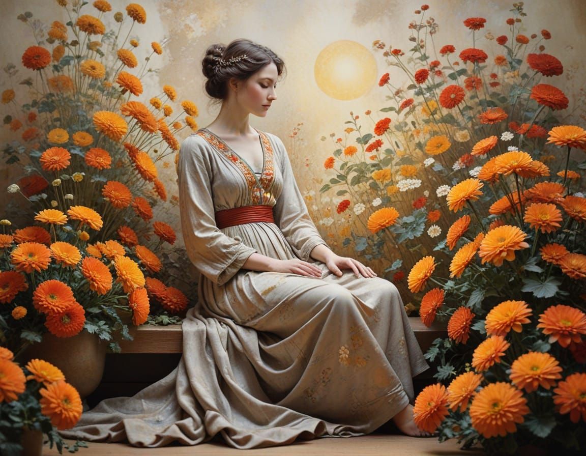 Serene Figure Surrounded by Vibrant Chrysanthemums in Earthy...