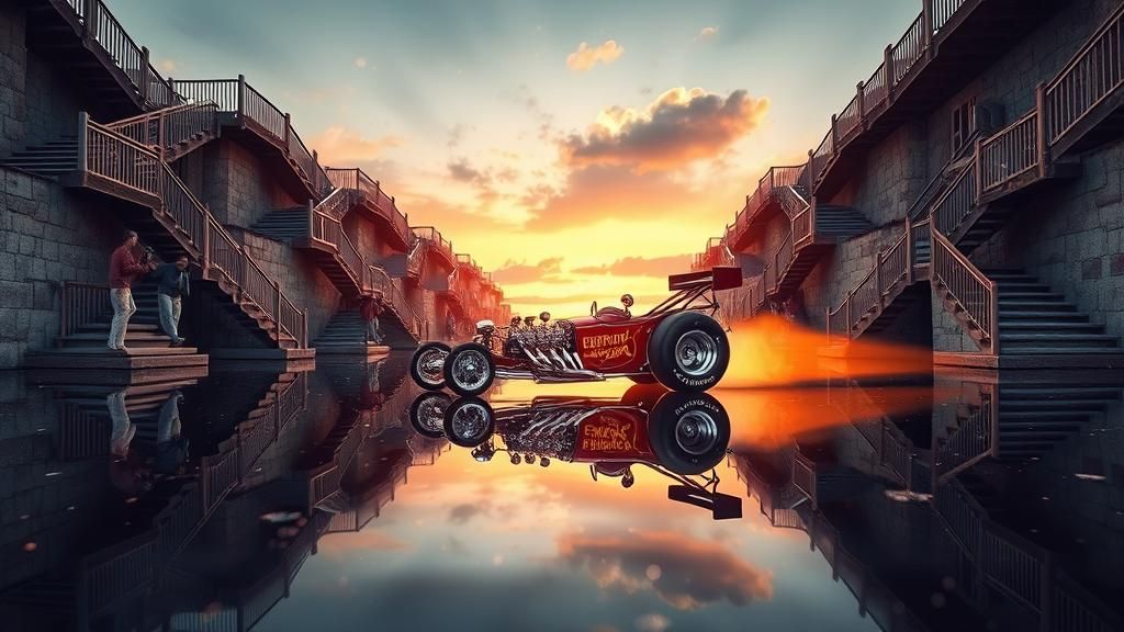 1950s Dragsters in MC Escher Fantasy Dreamscape