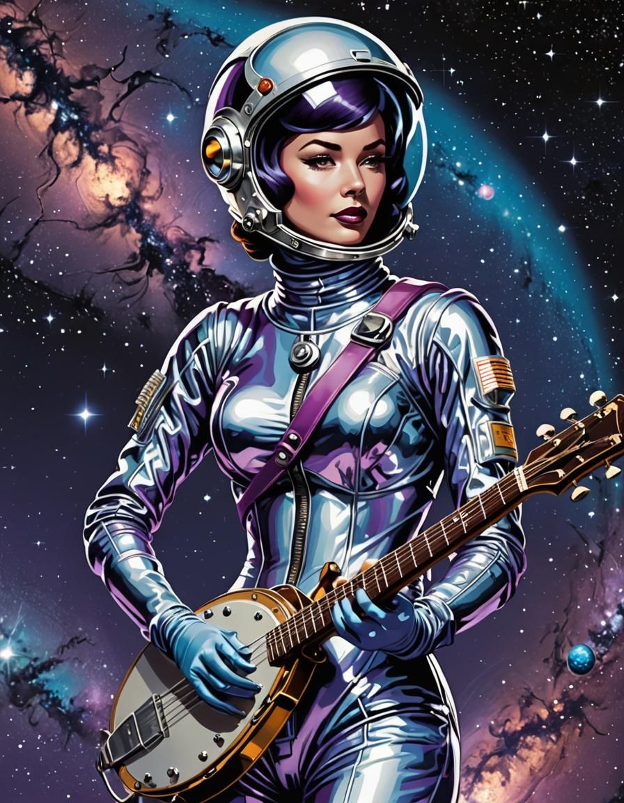 Retrofuturistic Space Woman Playing Banjo in Vector Art
