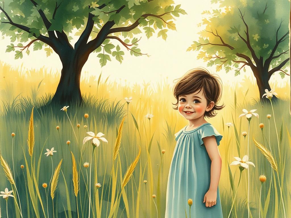 Child in Sunlit Meadow: Watercolor and Charcoal Illustration