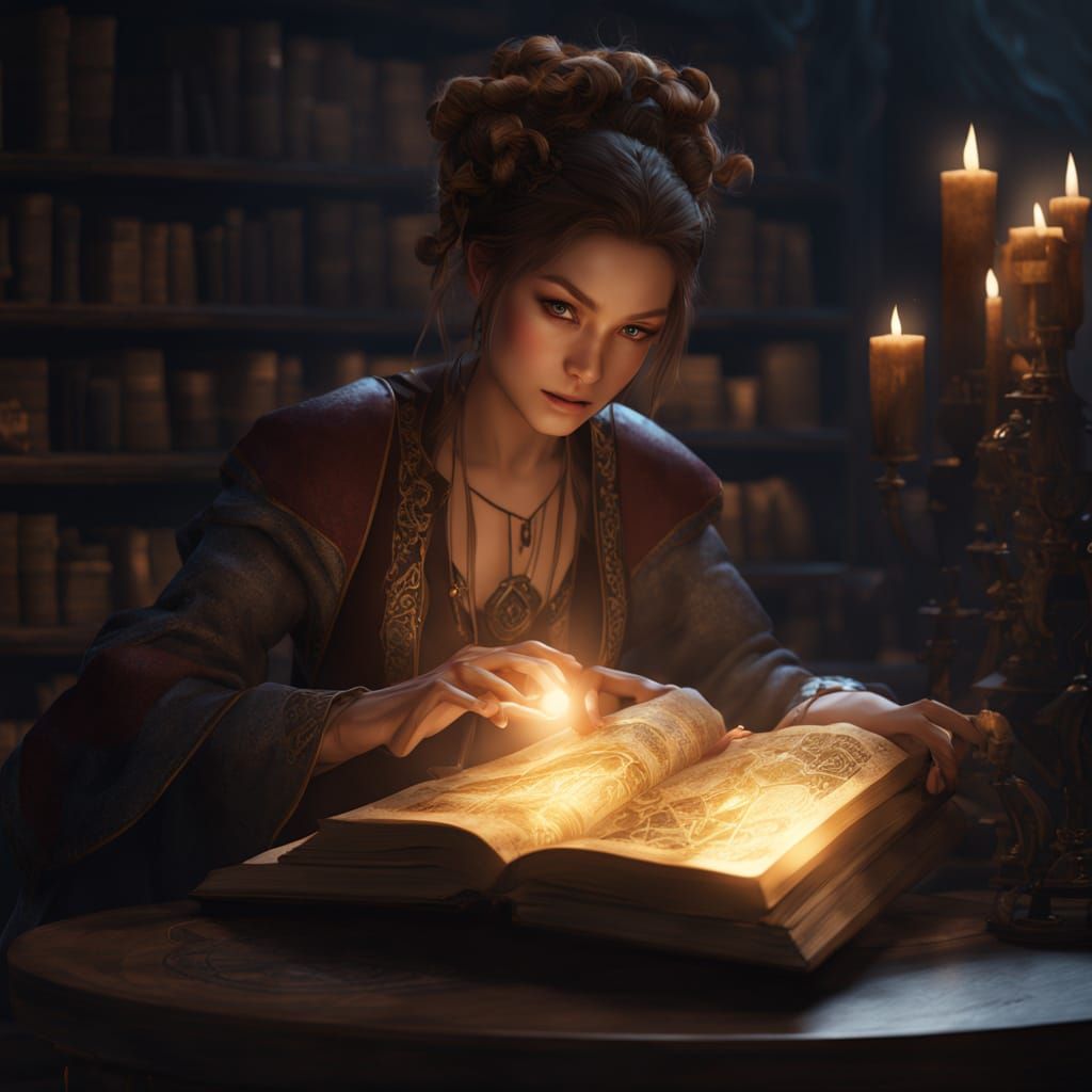 Sorceress Reading Spellbook in Arcane Library