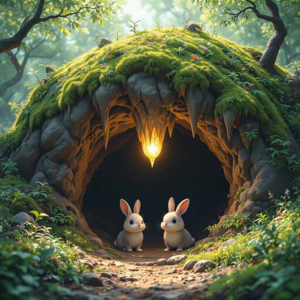 Fantasy Cave Entrance with Rabbits, Anime Style