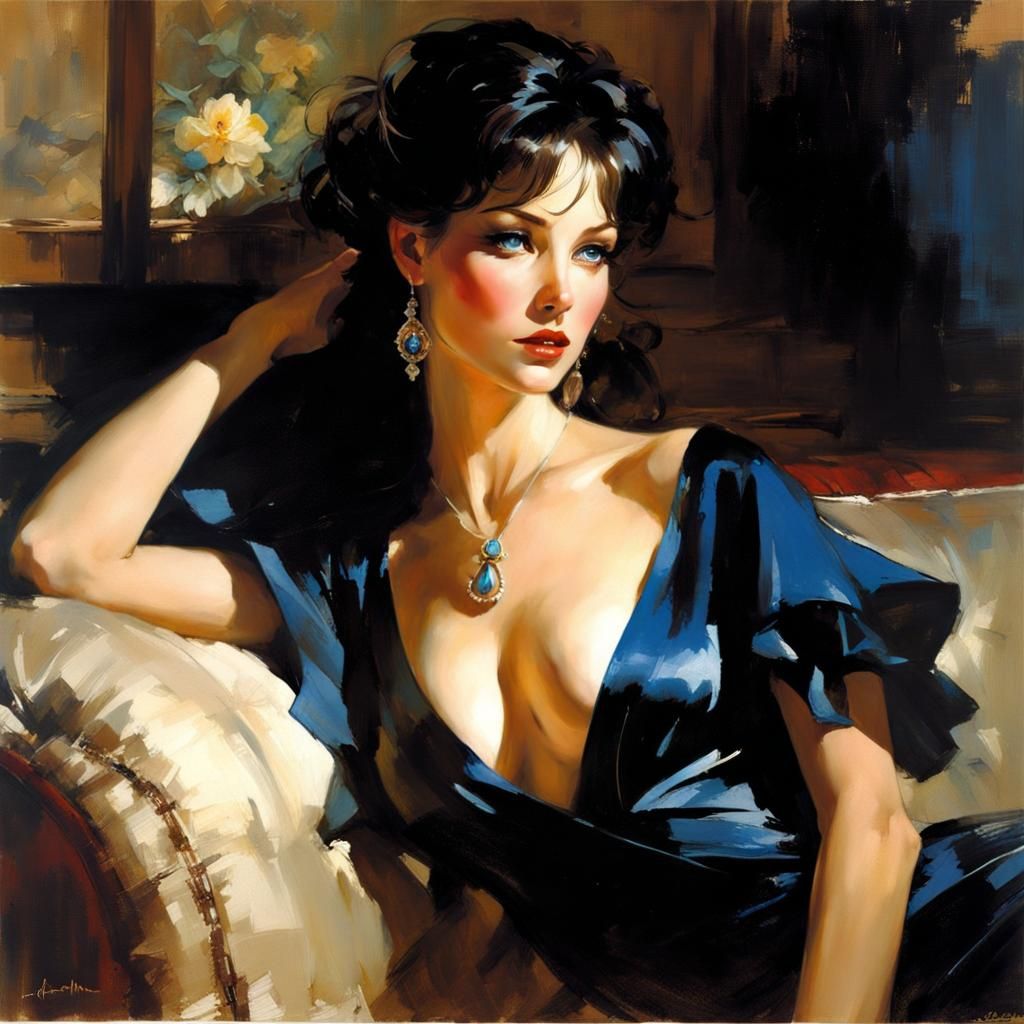 A dusky-haired girl, draped in a midnight gown, reclines upon a couch.