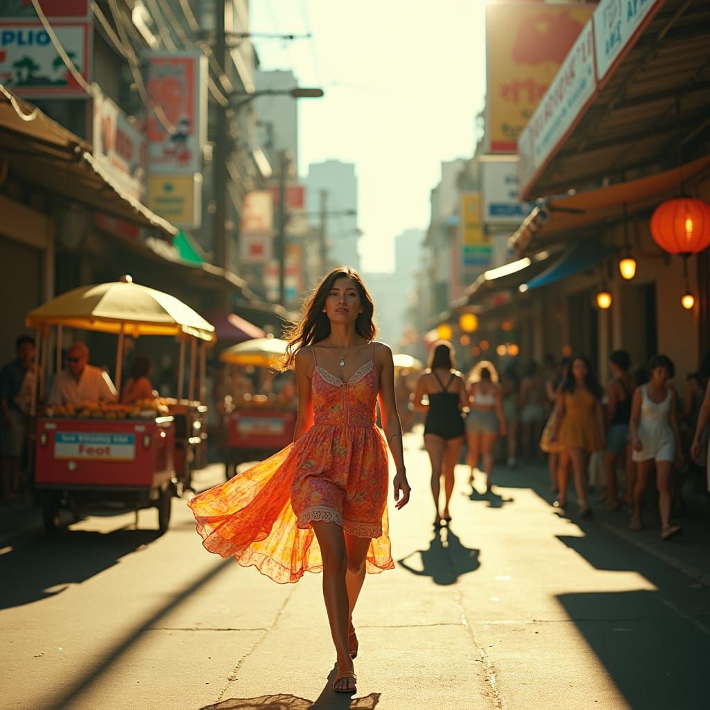 Filipina Woman in Sundress on Bustling Street