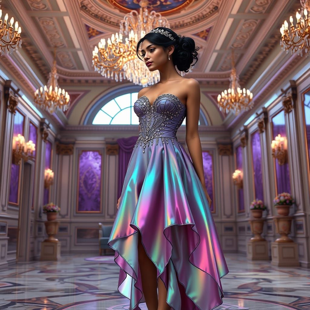 Woman in Grand Ballroom with Obsidian Soap Bubble Dress