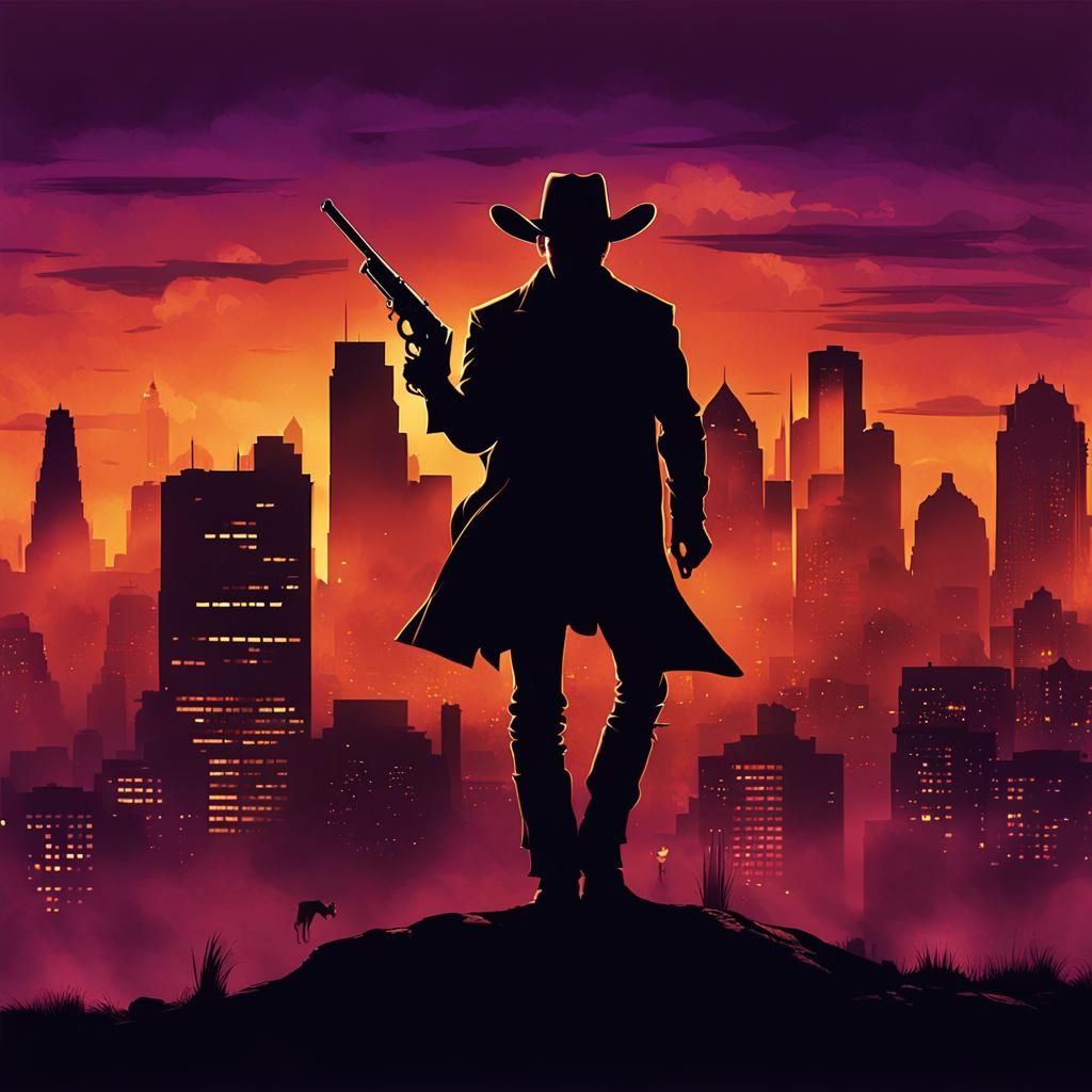 Cyber Western Cowboy Silhouette at Dusk