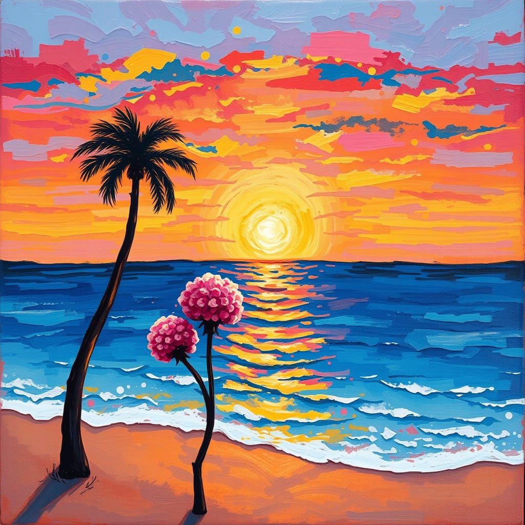 Beach Sunset with Pom Trees: Neo-Impressionist Oil Painting