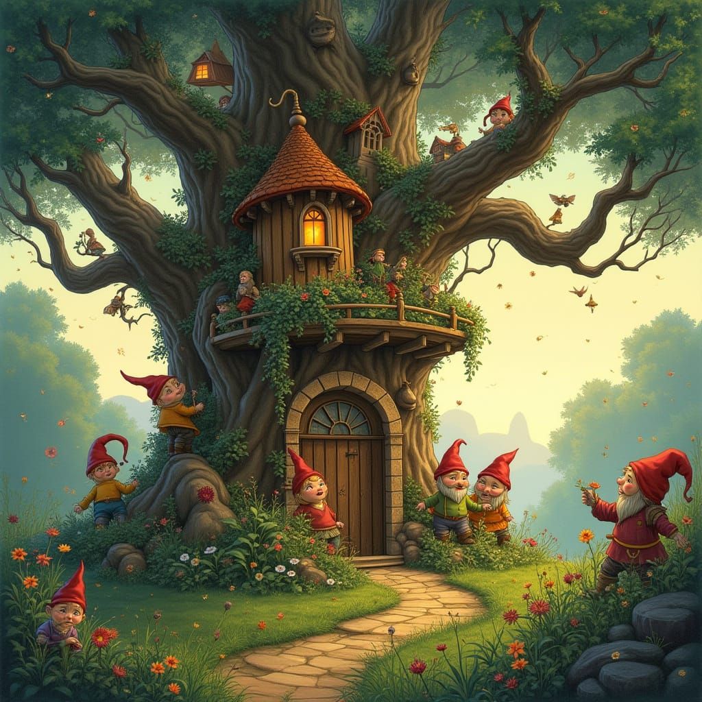 Whimsical Treehouse with Gnomes in a Lush Forest