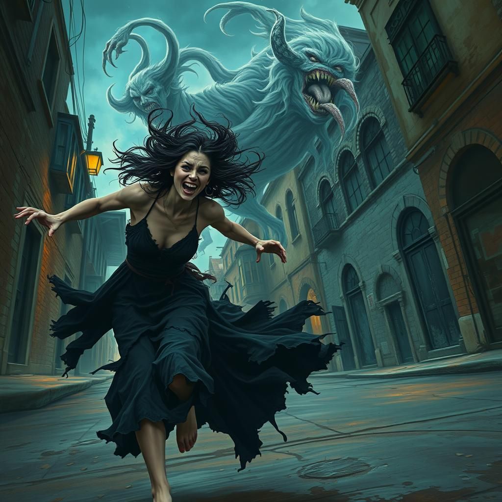 Terrified Woman Pursued by Ghost in Surreal Nightmare