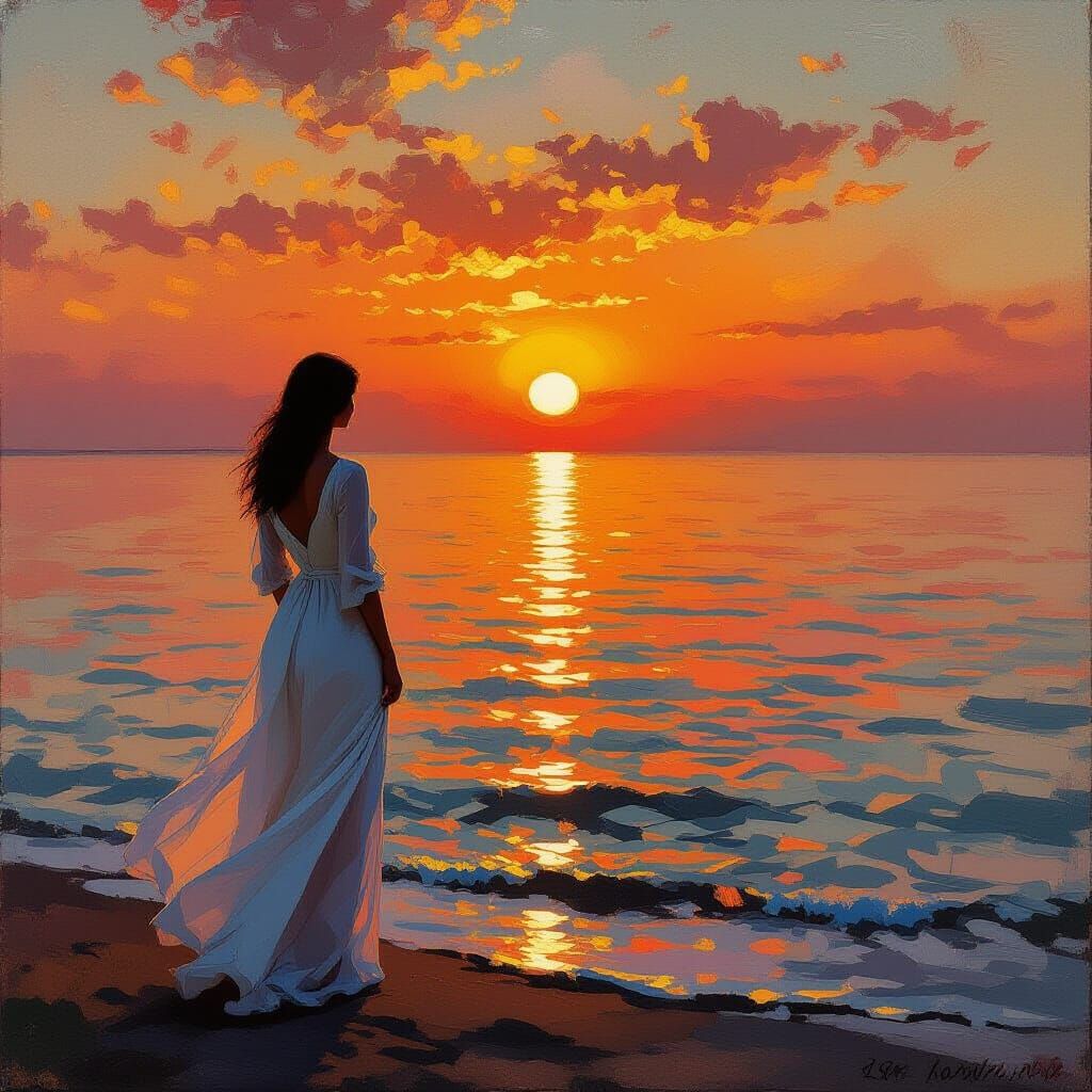Woman Gazing at Red-Golden Sunset: Impressionist Seascape