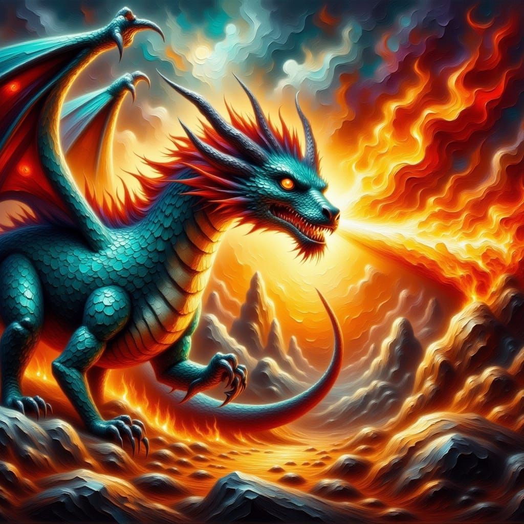 Majestic Fire-Breathing Dragon in Vibrant Oil Painting Style