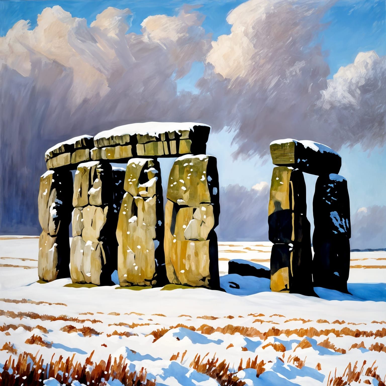 Snowy Stonehenge in Impressionistic Winter Landscape