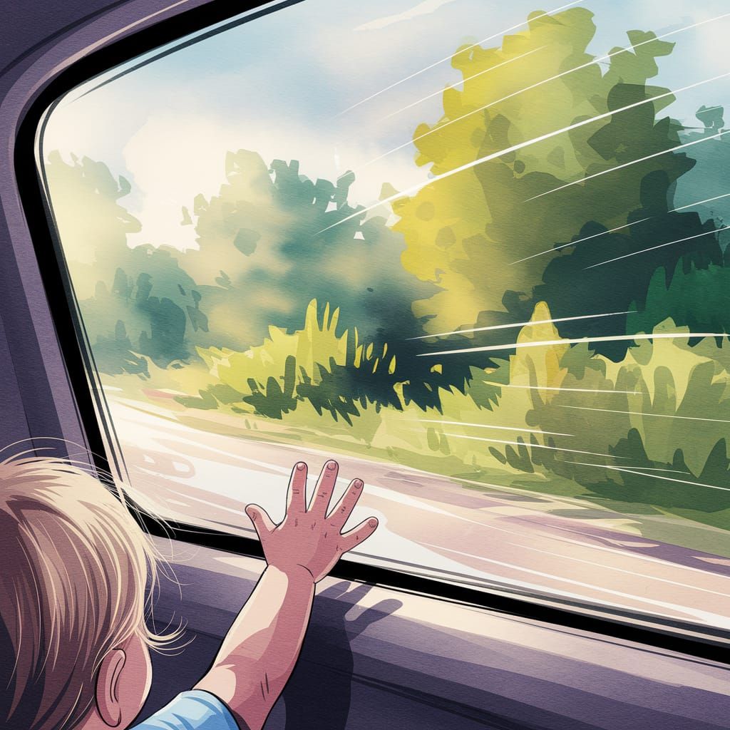Child's View from Car Window in Watercolor Style