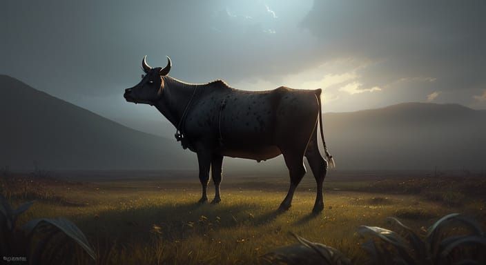 Hyperrealistic Cow in Serene, Golden Light