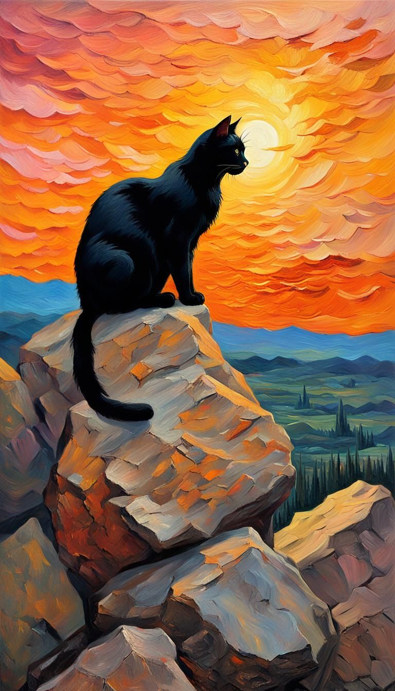 Black Cat at Sunset: An Impressionist Oil Painting