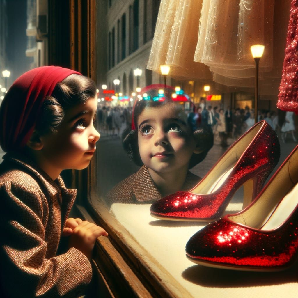 Crimson Shoes Beckon in a 1950s Store Window