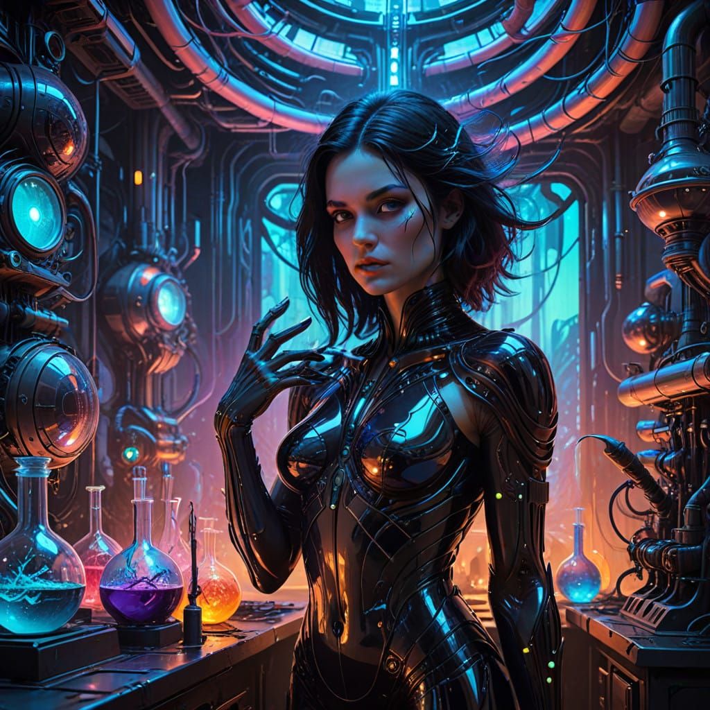 Mystical Scientist with Glowing Tattoos and Neon Lights in I...