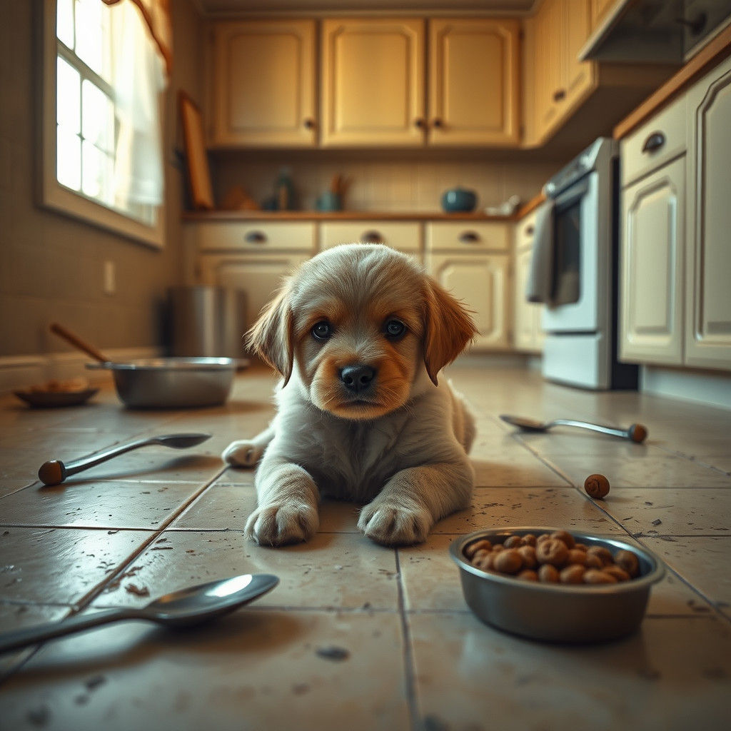 Melancholic Kitchen Scene with a Lonely Puppy