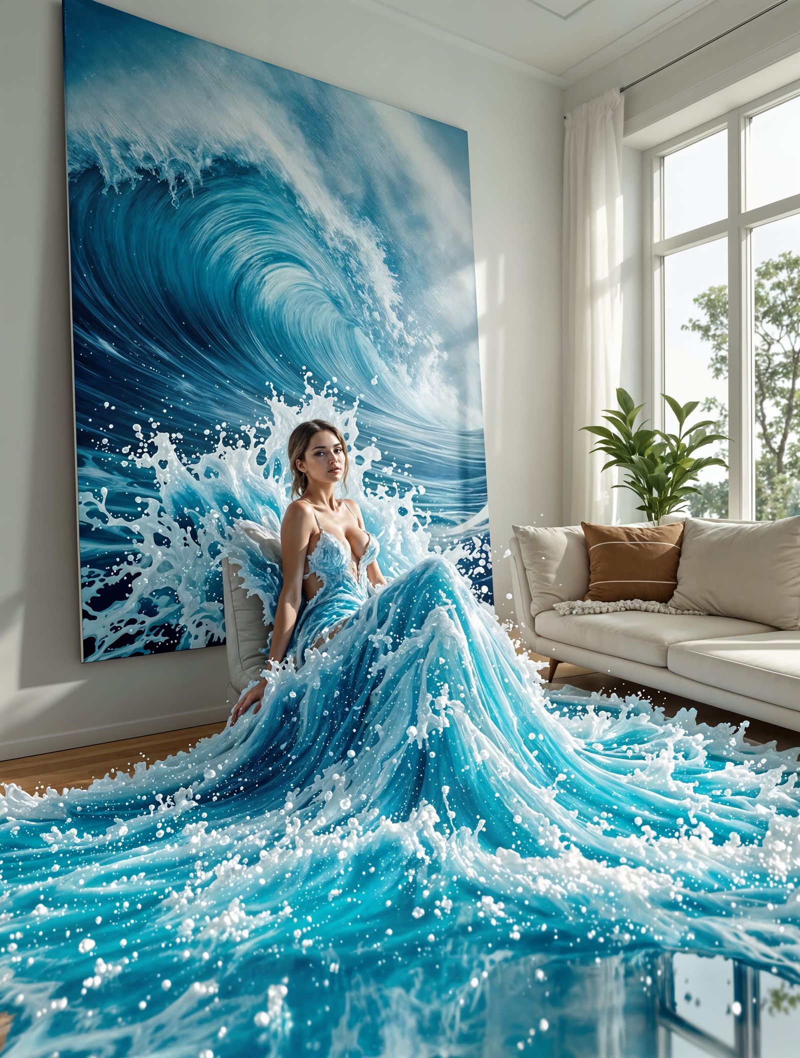 Surreal Woman in Sunlit Room with Living Ocean Wave Painting
