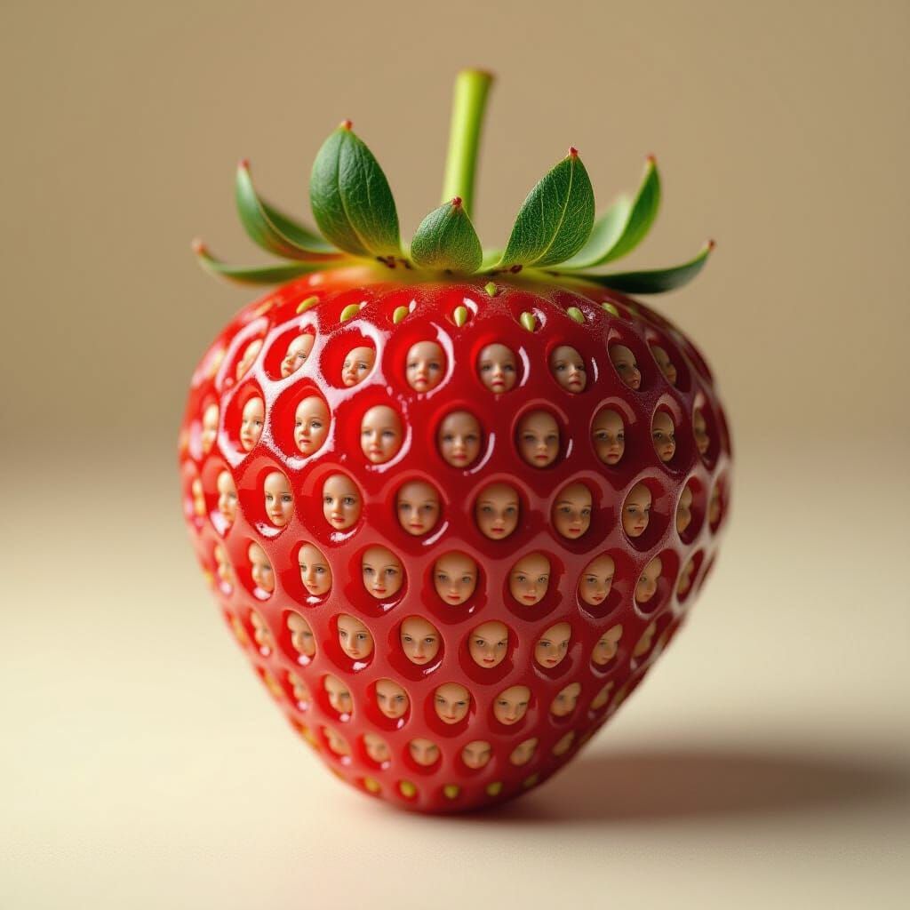 Hyperrealistic Strawberry with Tiny Human Faces