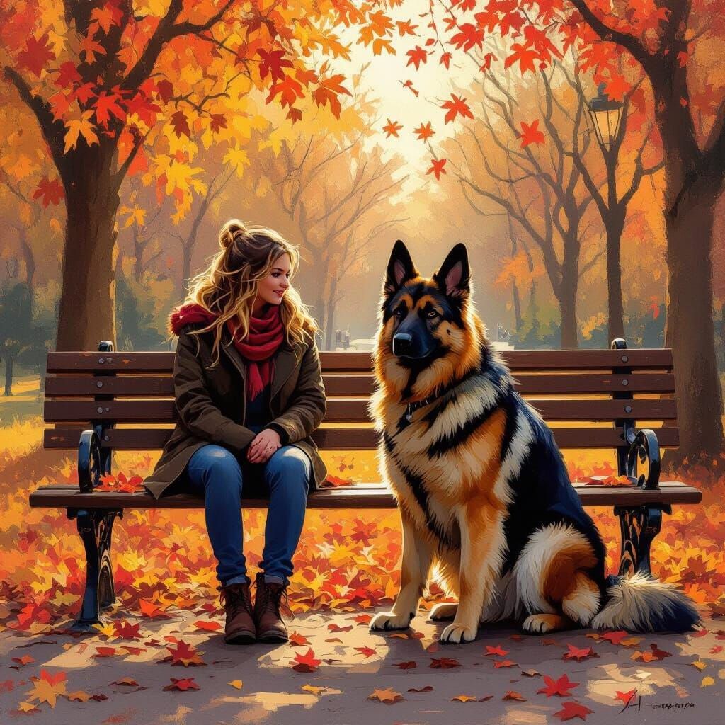 Person and German Shepherd Enjoy Autumn Park Bench