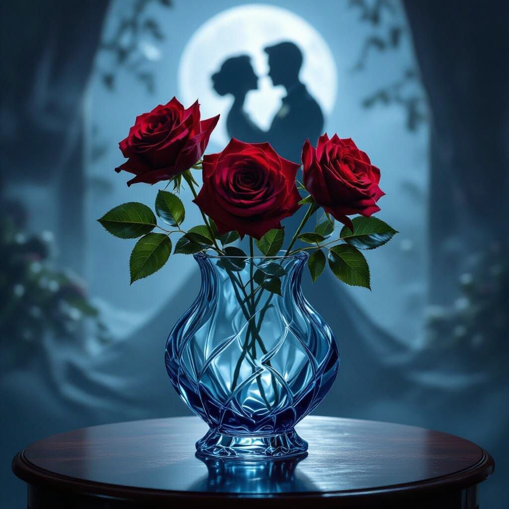 Roses in Crystal Vase with Dancing Couple