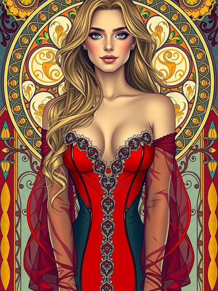 Blonde Model in Art Nouveau Style Dress