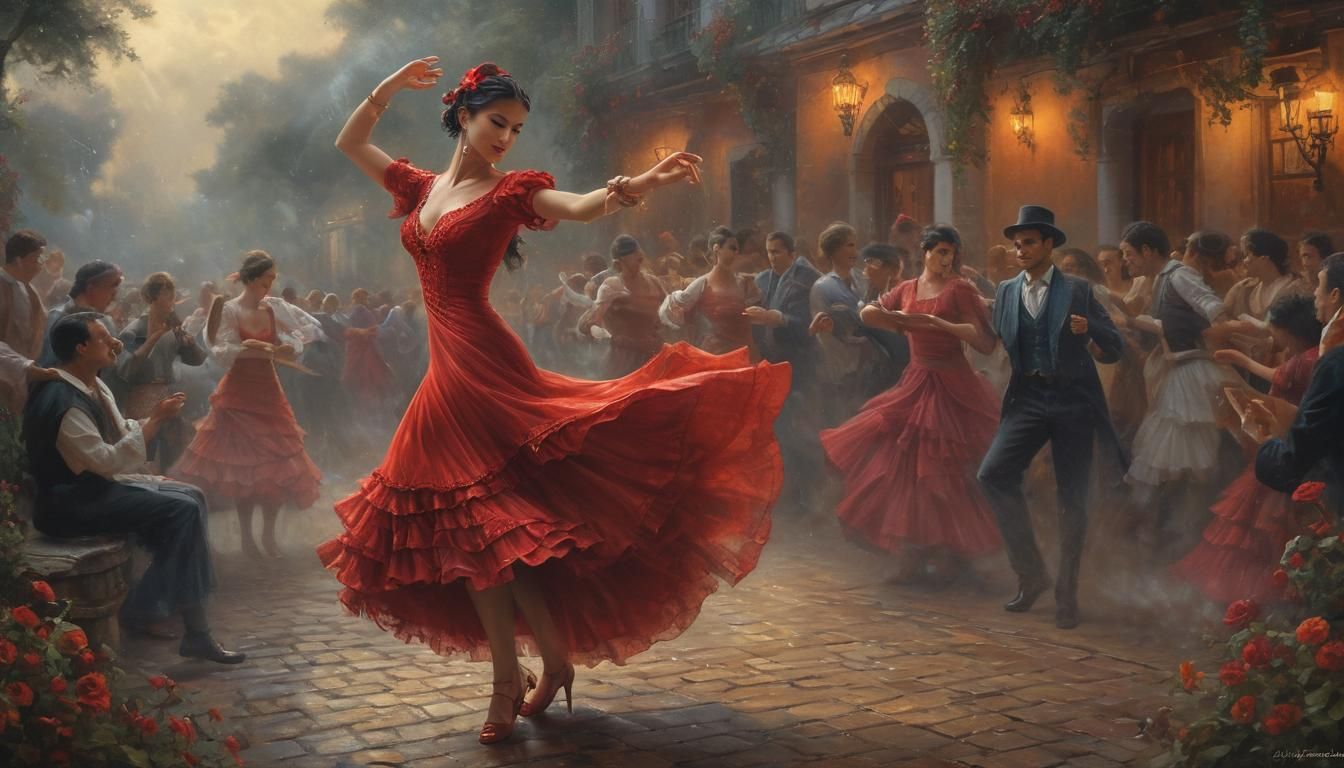 Flamenco Dancer in Red Dress with Castanets