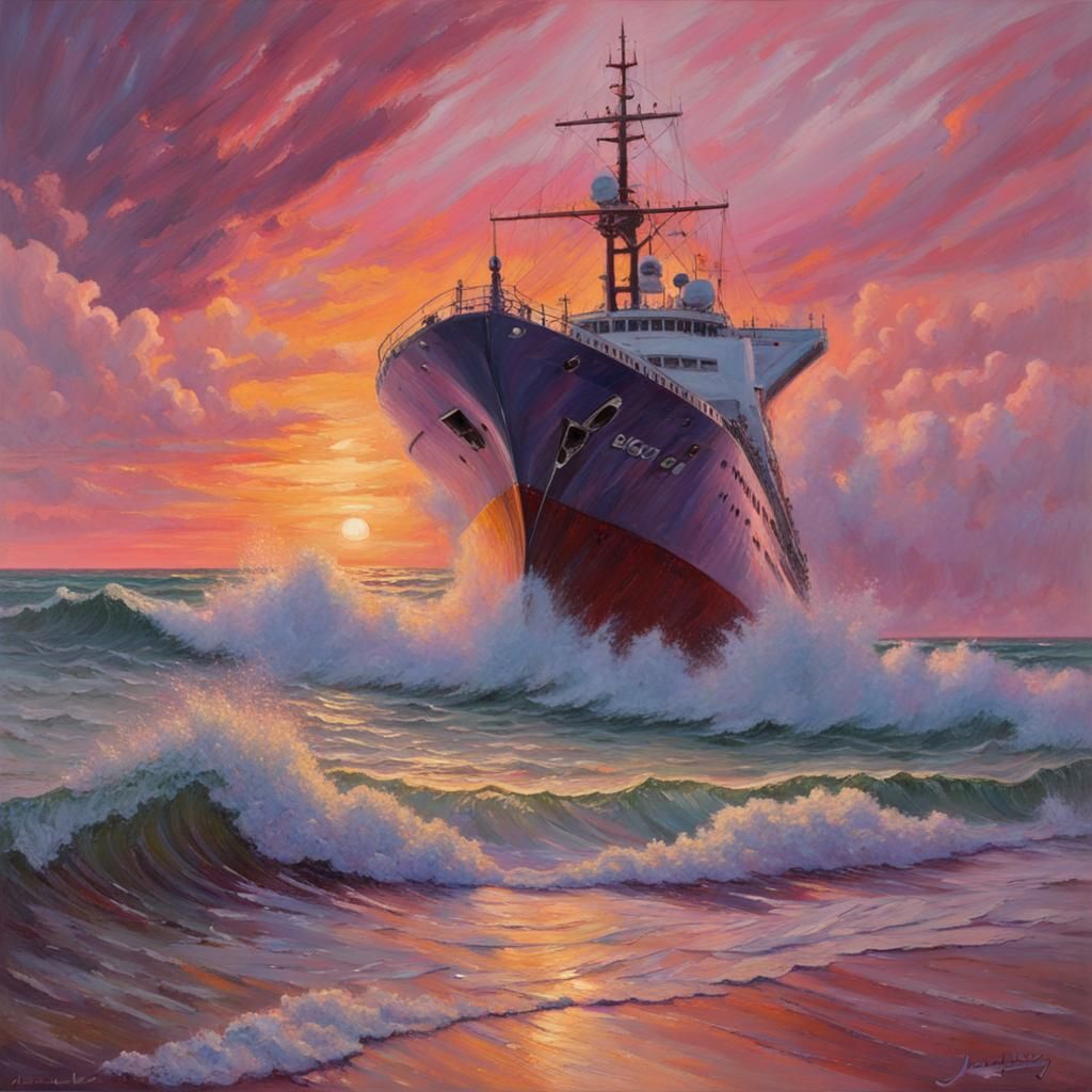 Giant Ship Overwhelmed by Sunset Storm Waves