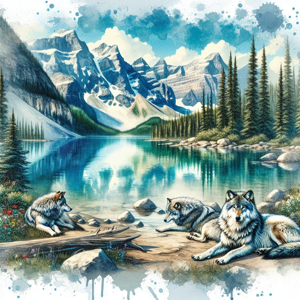 Watercolor Wolves Resting by a Serene Lake