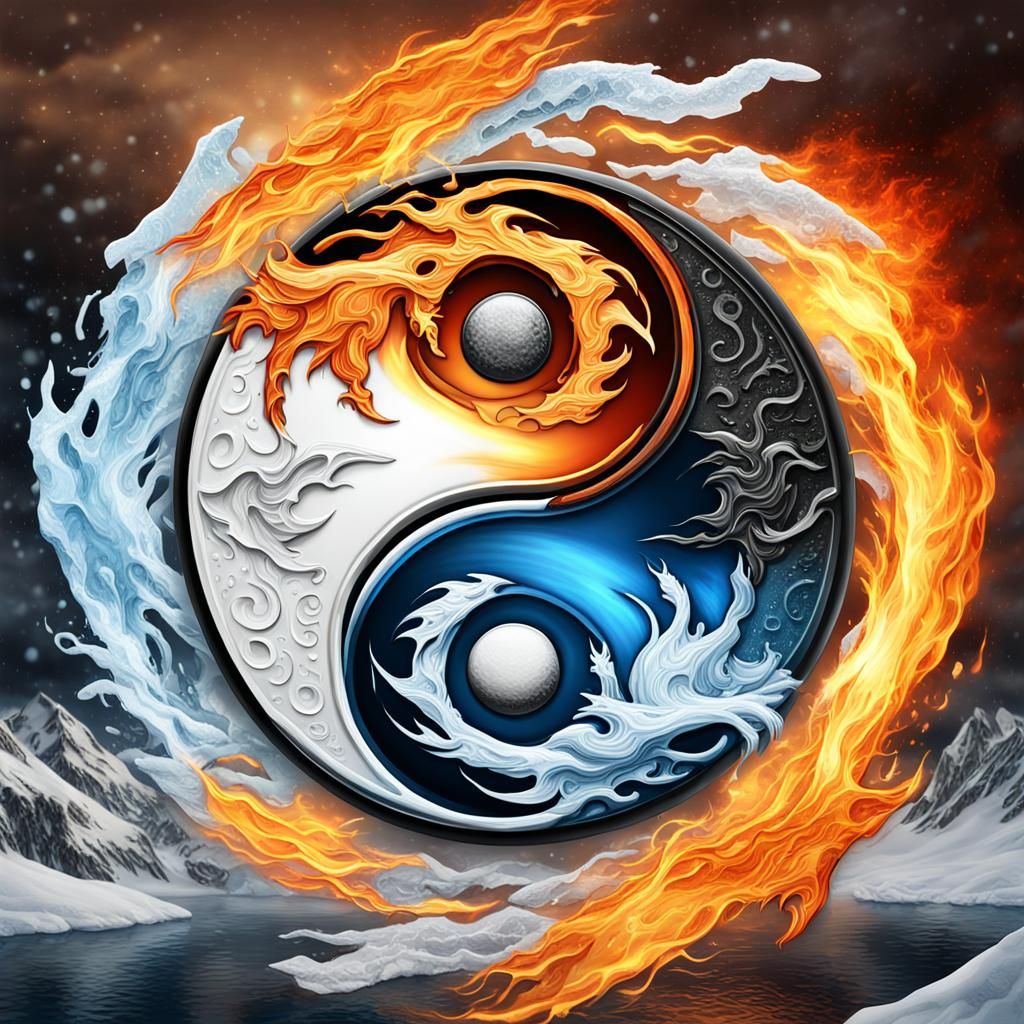 Ice and Fire Yin Yang: Digital Watercolor Concept Art