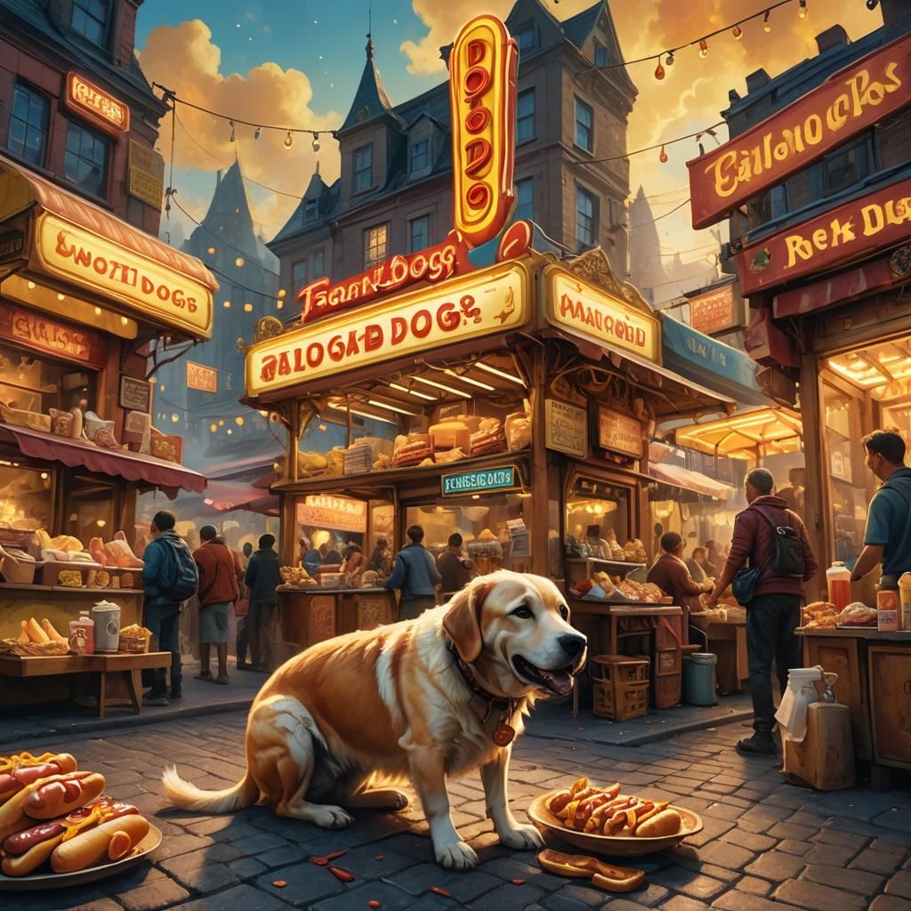 Dog Eats Hot Dog in Fantasy Market